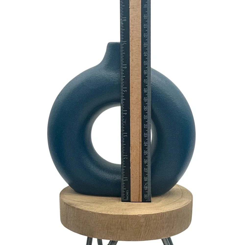 Navy Blue Ceramic Donut Vase Set of 2 Matte Textured Modern Minimalist Decor